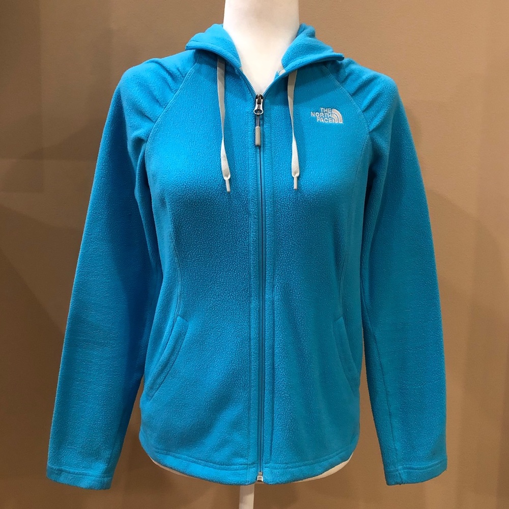 North Face Turquoise Blue Zip Front Hoodie with Pleating Detail on Shoulder, S